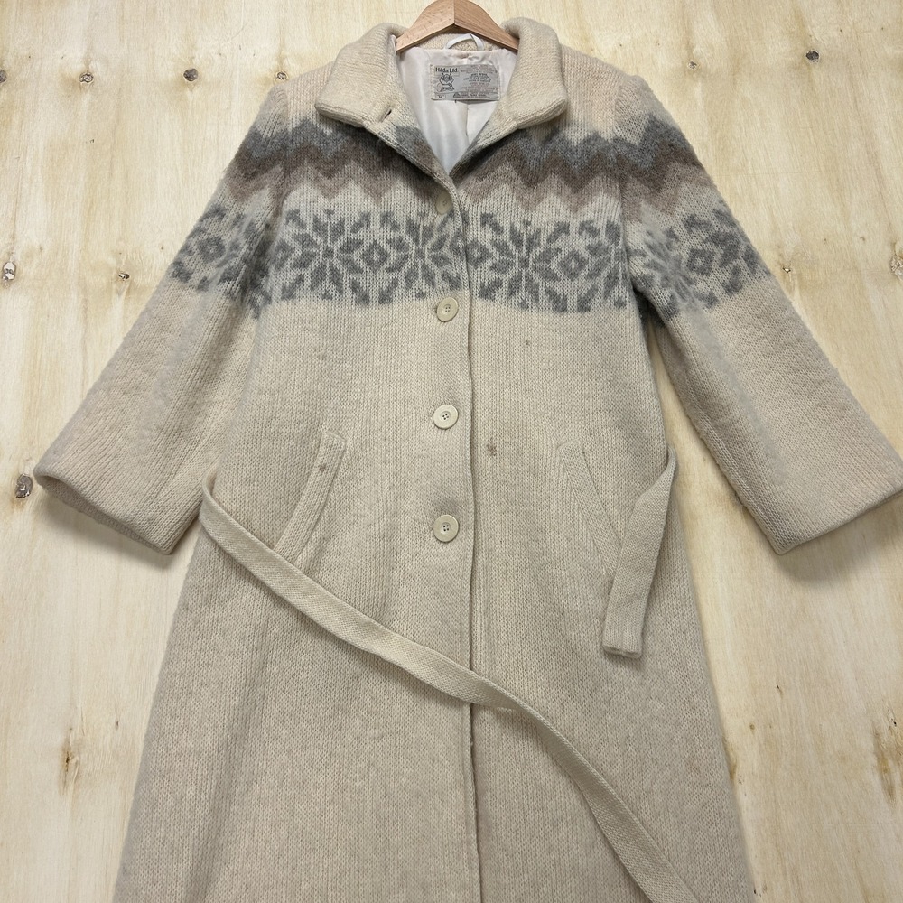 Vintage Hilda Ltd Coat Womens Medium Beige Long Wool Fair Isle Belted Iceland